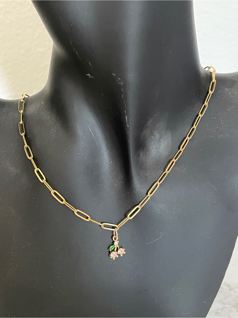 Gold Paperclip Chain Choker Necklace with White Cherry Charm - Waterproof